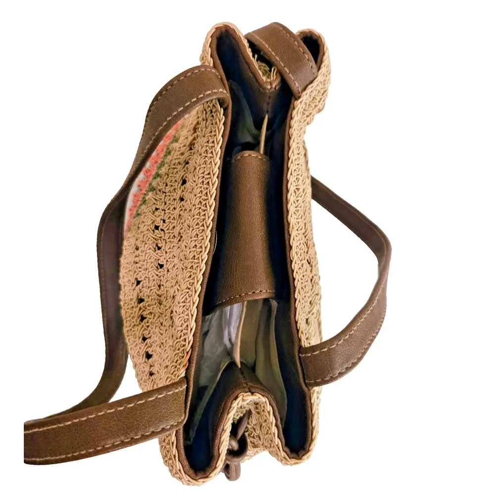 Rosetti Summer Boho Hippie Multicolor Stripes and Tan Raffia Look Handbag Purse